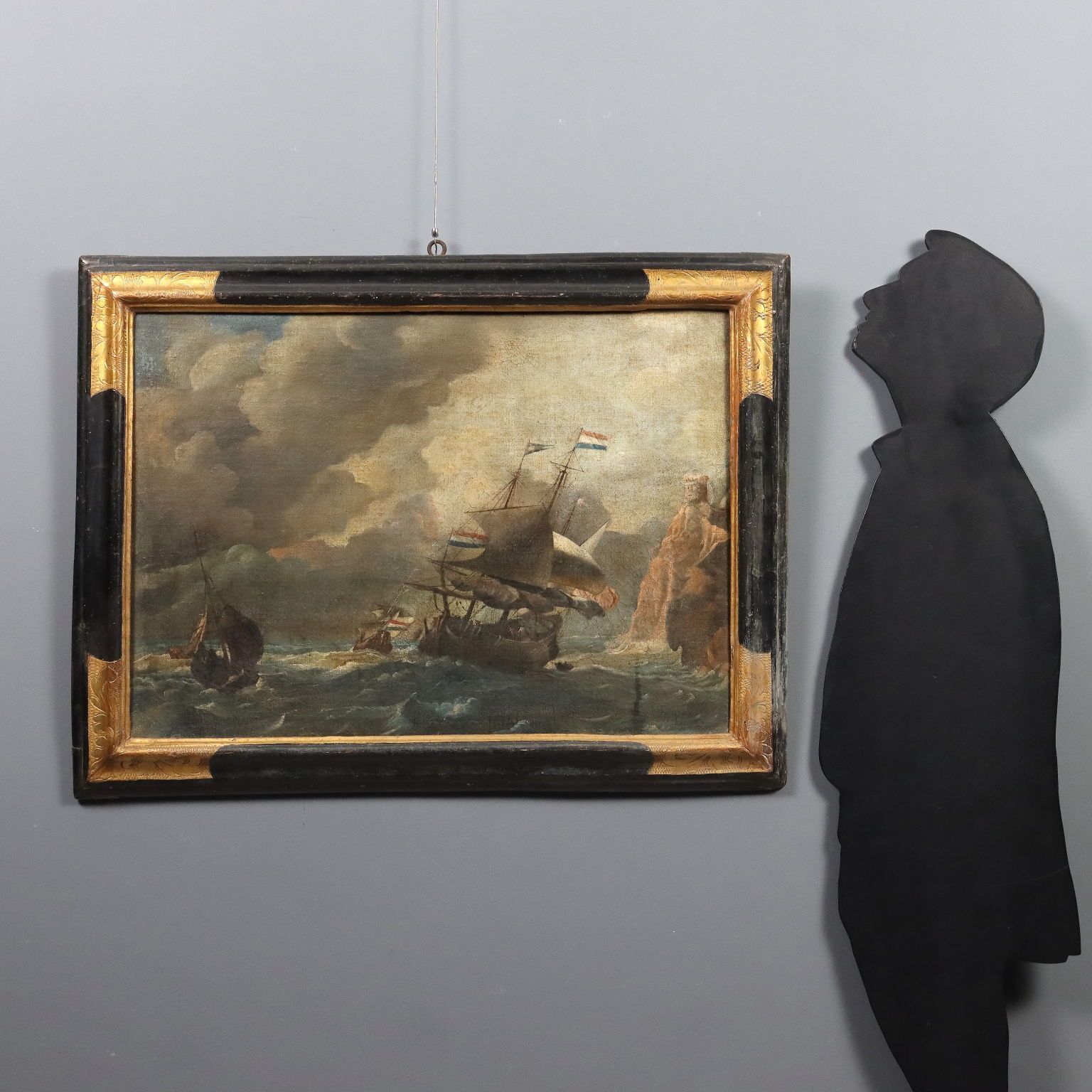 Antiek schilderij, stormachtige zee met zeilschepen, olieverf op doek, '700 photo furniture