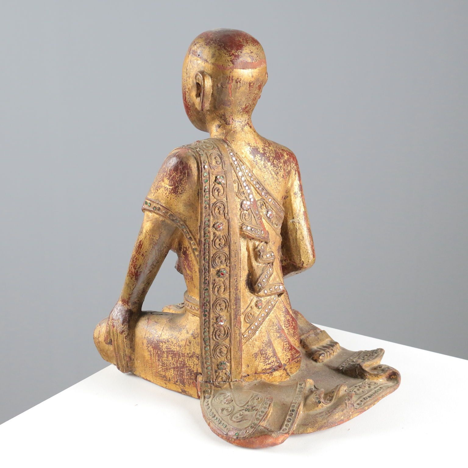 Antique Sculpture Of A Monk Lacquered Gilded Wood Myanmar XX Century photo for sale
