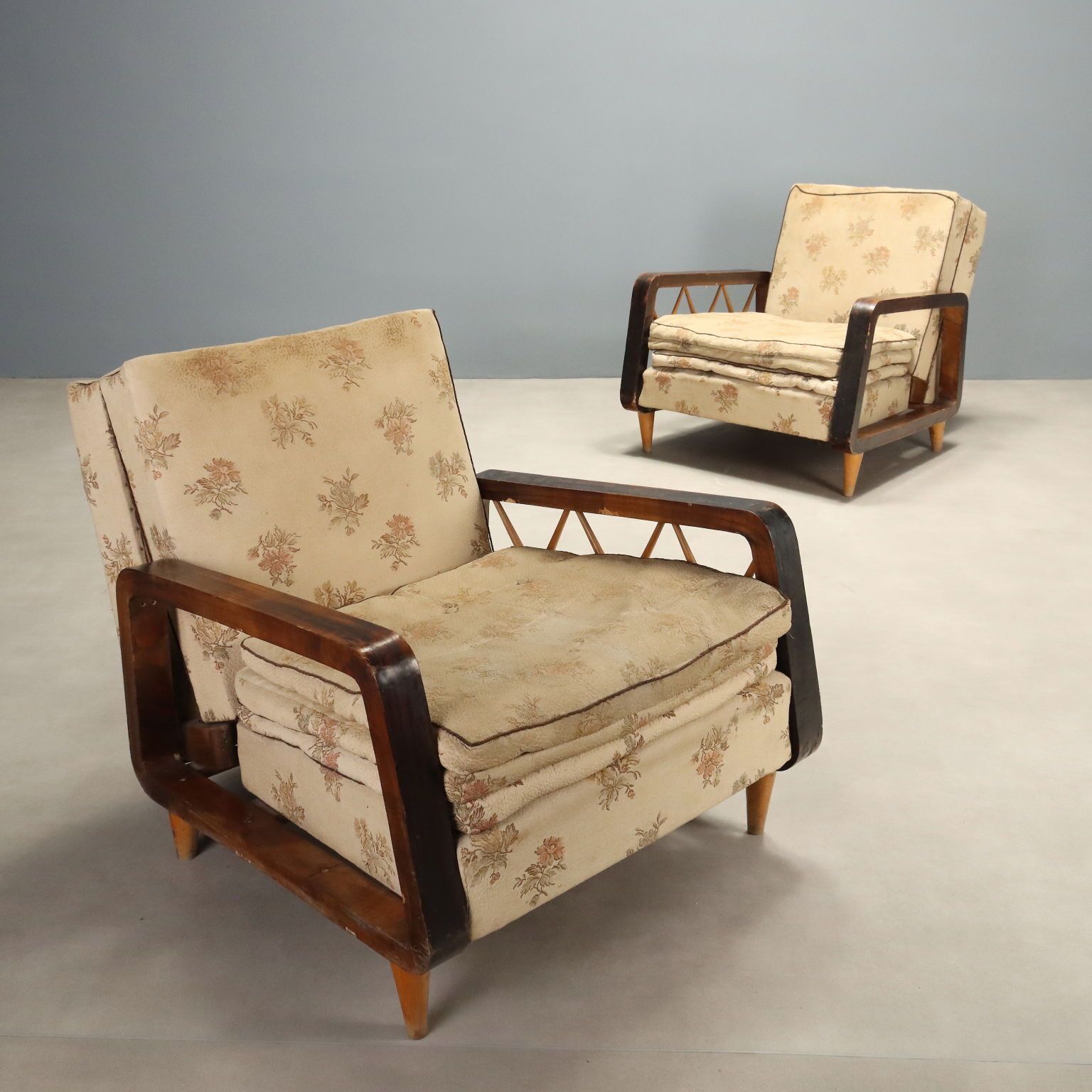 1940s 50s Armchairs With Wooden Armrests