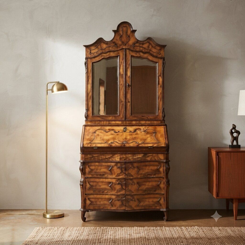 Antiek Lombardijse Trumeau Walnoot Klepdeuren Italië XX Eeuw photo furniture