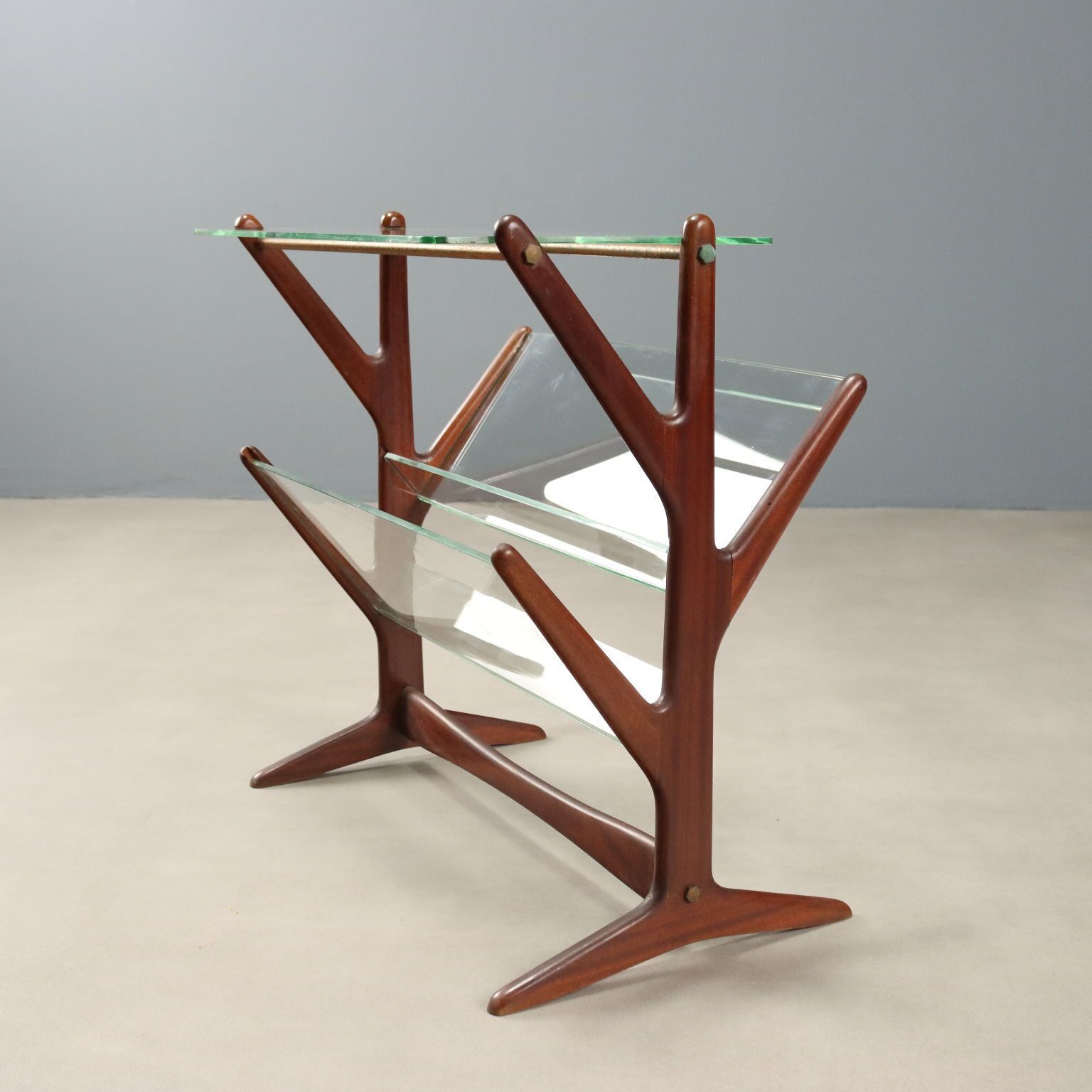 Vintage Magazine Rack Beech Glass Brass Design Italy 1950s photo 570.0