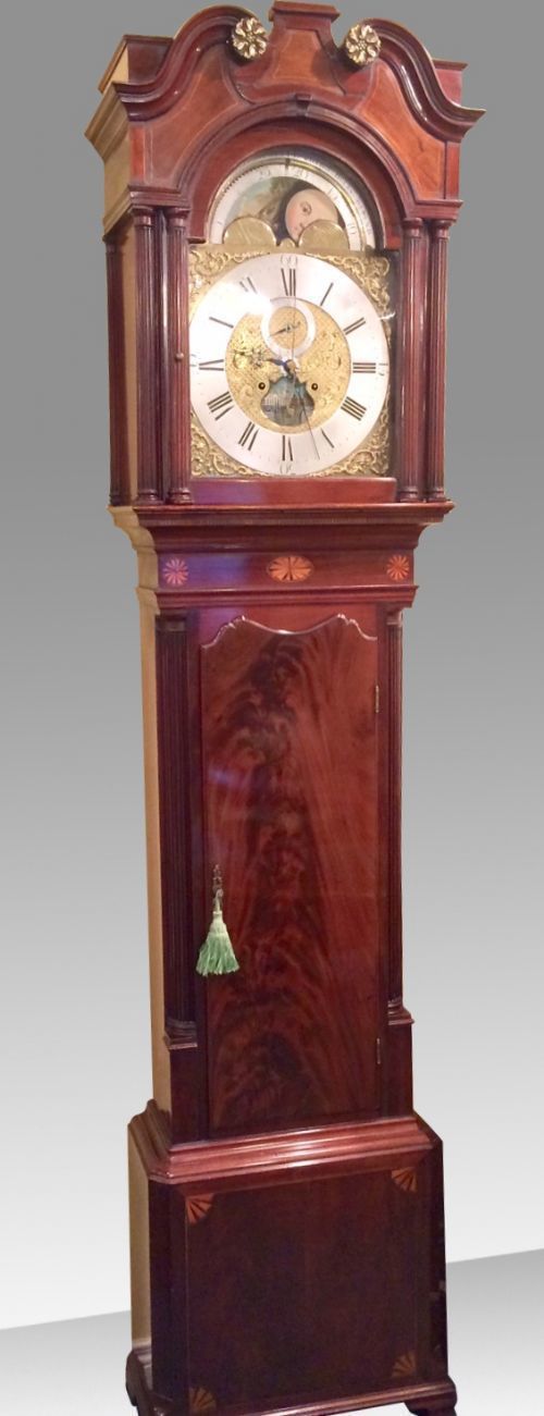 Inlaid Mahogany 18th Century Antique Longcase Grandfather Clock By Iames Richards Liverpool Featuring An Alarm And Ferguson Tidal Dial photo for sale