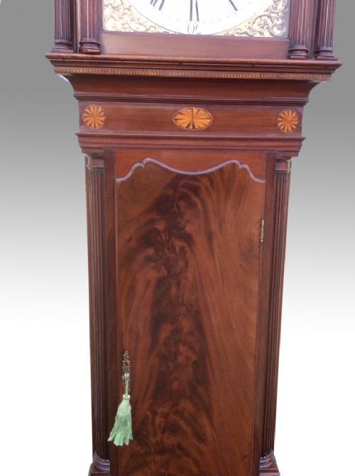 photo for sale Inlaid Mahogany 18th Century Antique Longcase Grandfather Clock By Iames Richards Liverpool Featuring An Alarm And Ferguson Tidal Dial