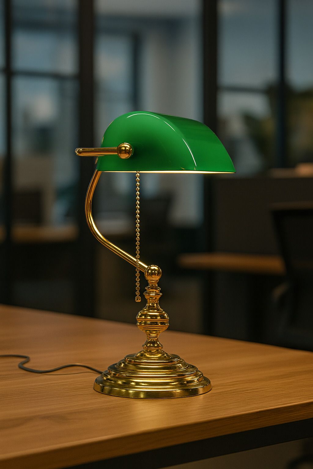 Vintage Messing Banker's Lamp met Groen Glazen Kap - 38cm