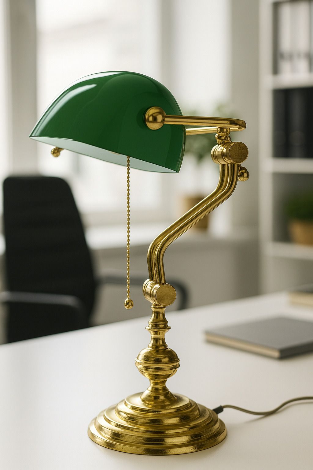 Vintage Dark Brass Banker’s Lamp With Green Glass Shade – 45 Cm