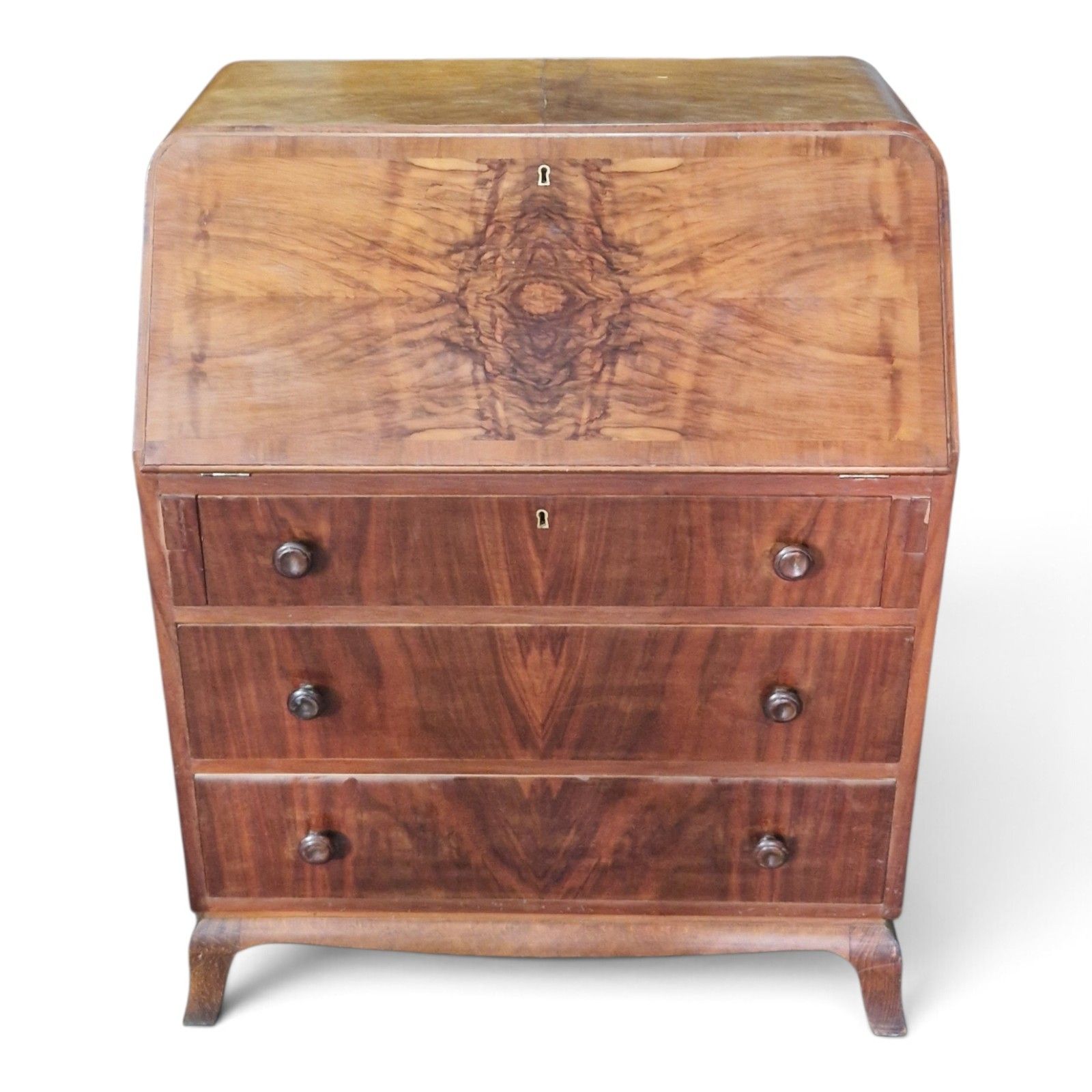Vintage Walnut Bureau Writing Desk Fall Front Chest Drawers Home Office Cabriole photo for sale