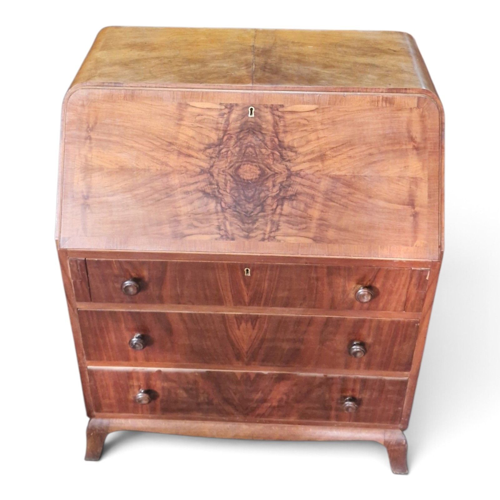 Vintage Walnut Bureau Writing Desk Fall Front Chest Drawers Home Office Cabriole photo 135.0