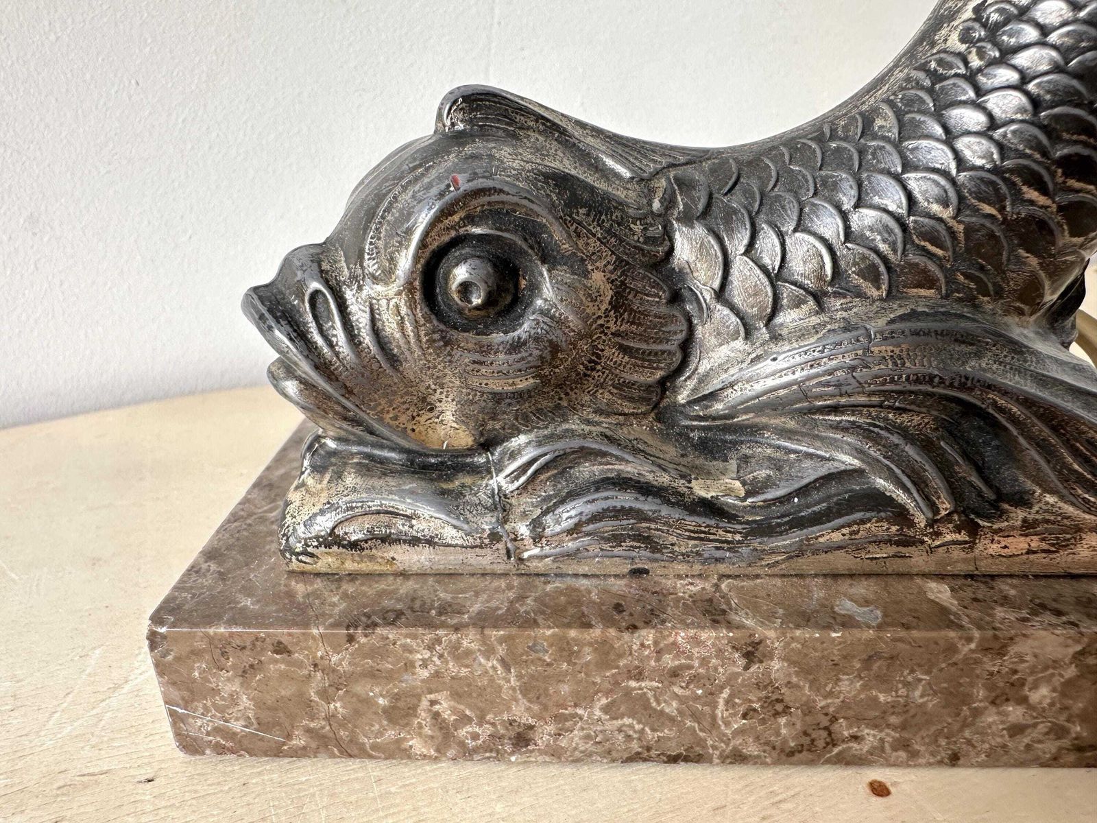 French 1930s Dolphin Table Lamp In Marble And Spelter, Antique Fish Art Deco Lighting Sphere photo 258.0