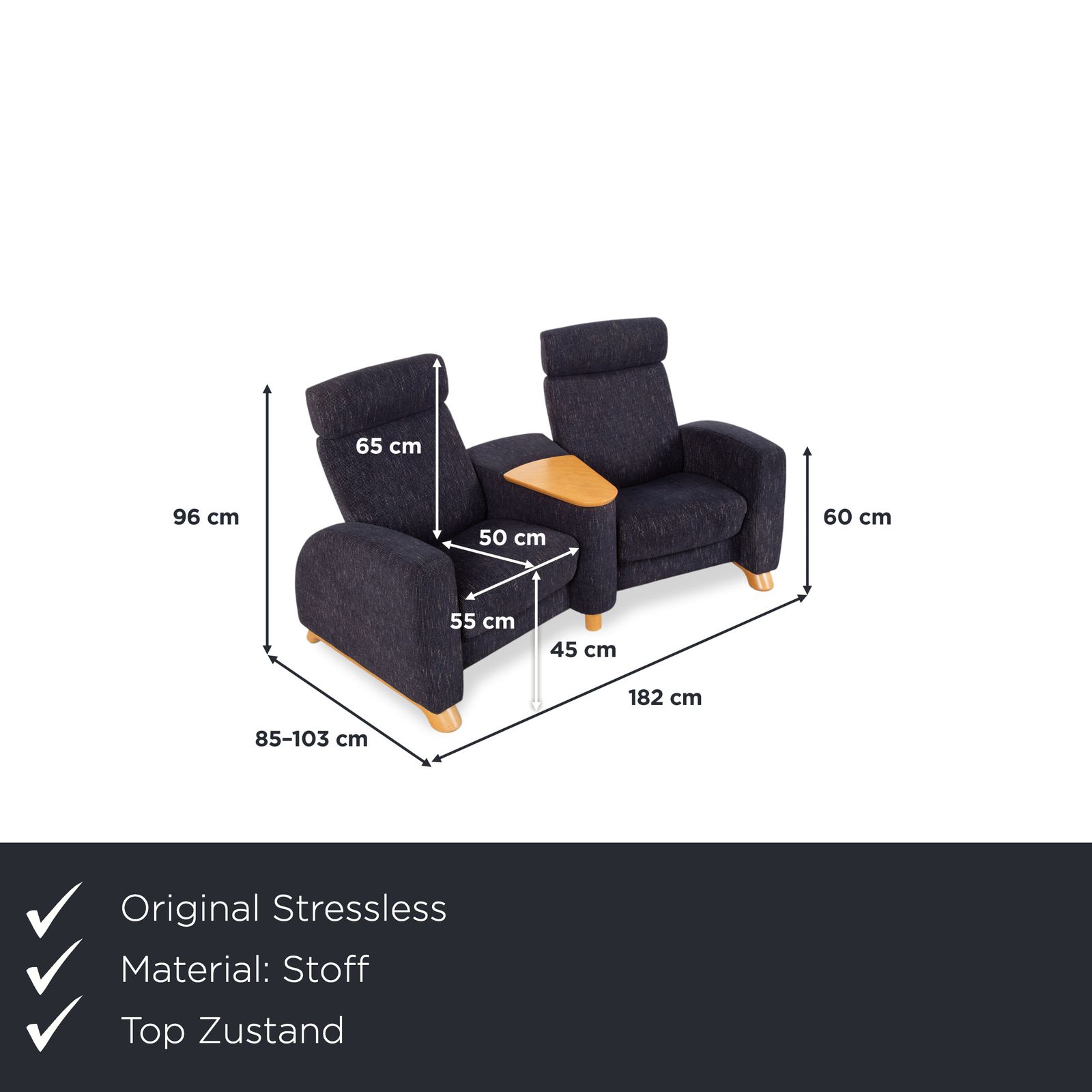Canapé Stressless Arion en tissu bleu foncé, 2 places, fonction manuelle photo furniture