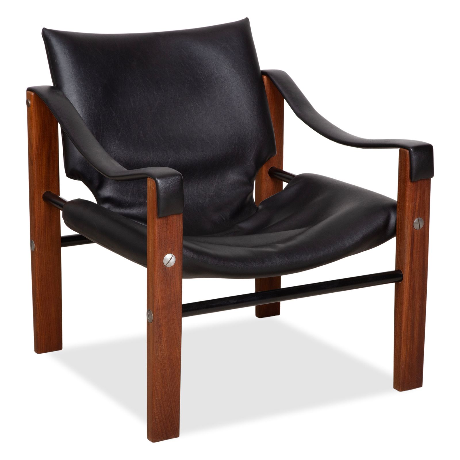 Fauteuil vintage Arkana Safari en cuir et bois, noir, par Maurice Burke