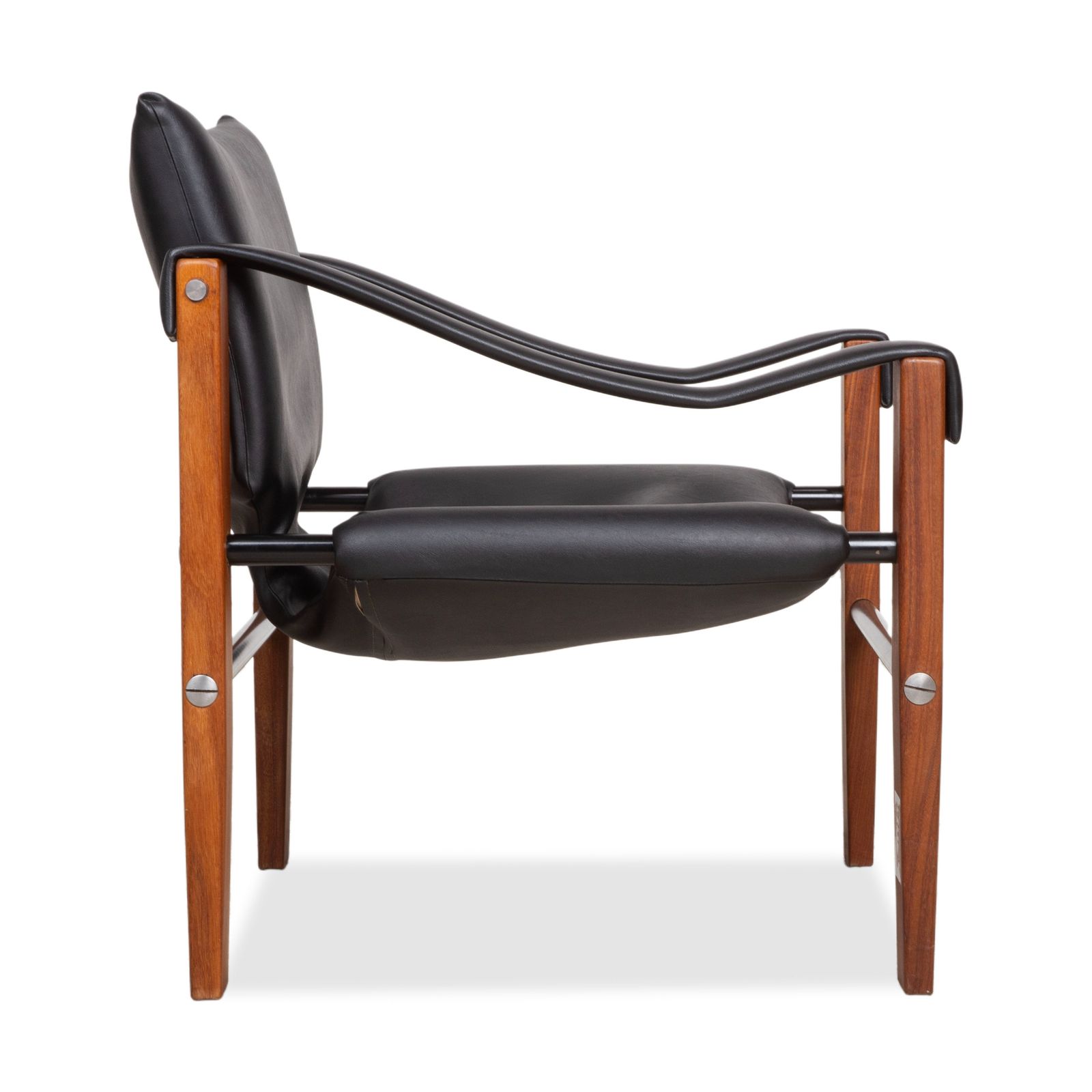 photo furniture Arkana Safari fauteuil in leer en hout, zwart, naar voorbeeld van Maurice Burke, vintage