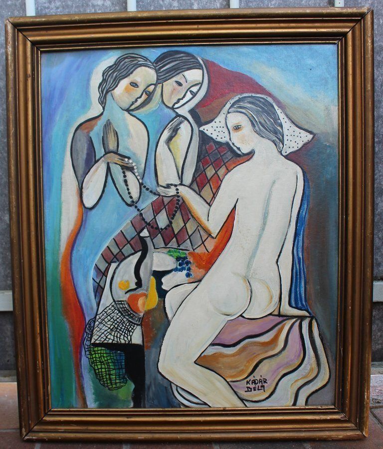 Modernistisch Hongaars schilderij in olieverf, Drie Gratiën, hommage aan Béla Kádár
