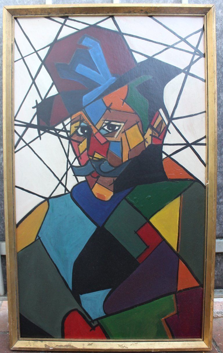 Man met hoed, figuratief acrylschilderij in cubistische stijl, ingelijst
