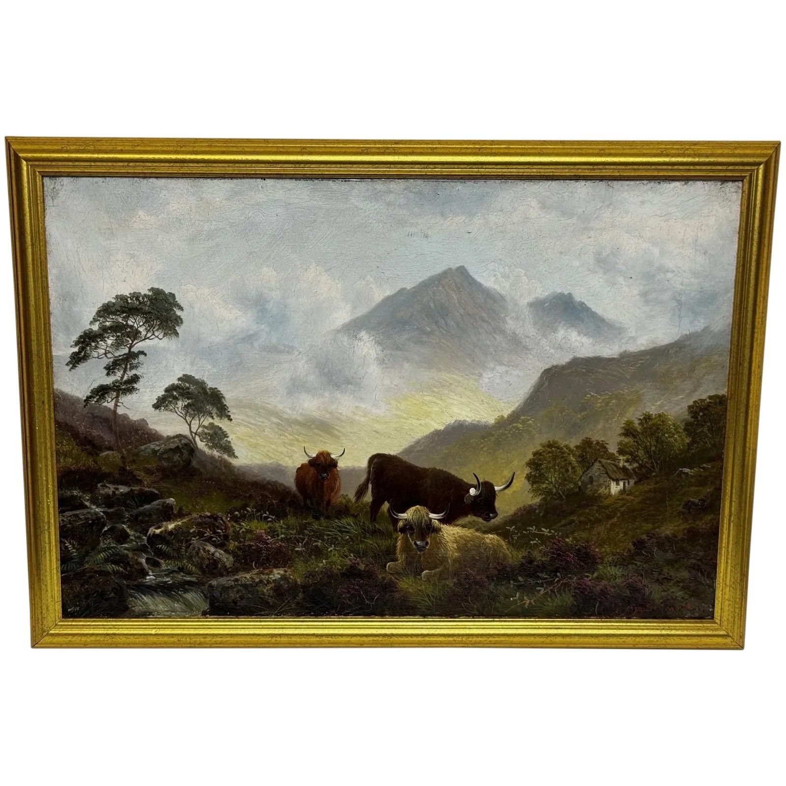 Landschapsschilderij in olieverf Ben Lawers First Light Mist Highland Cattle Beside Loch Tay ca. 1880