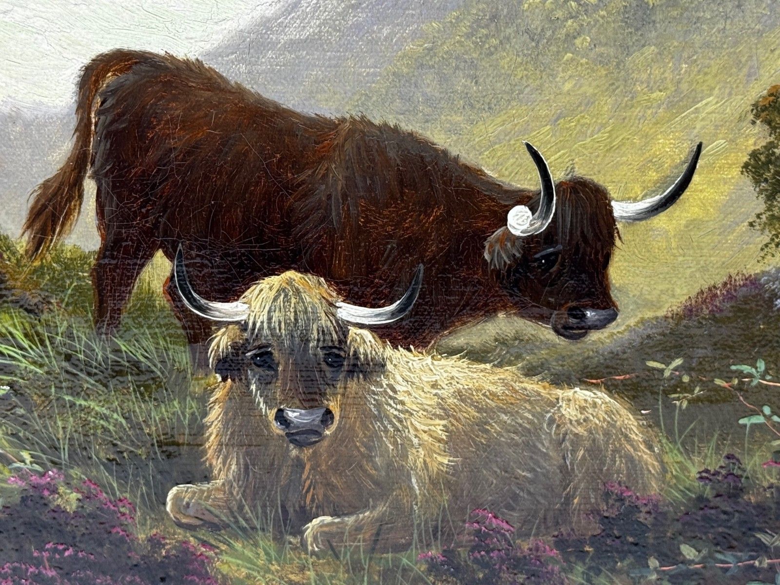 Landschapsschilderij in olieverf Ben Lawers First Light Mist Highland Cattle Beside Loch Tay ca. 1880 photo vintage