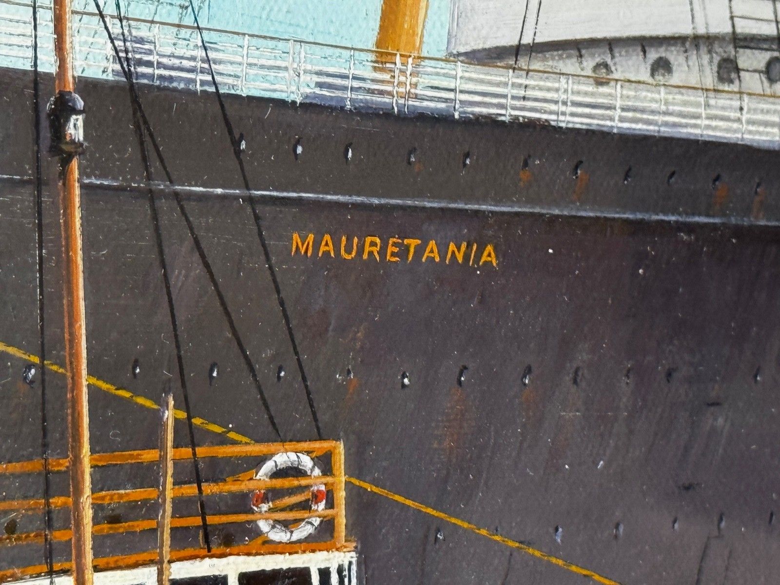 photo vintage Groot olieverfchilderij, het aanmeren van het RMS Mauretania-schip bij Sandon Half Tide Dock