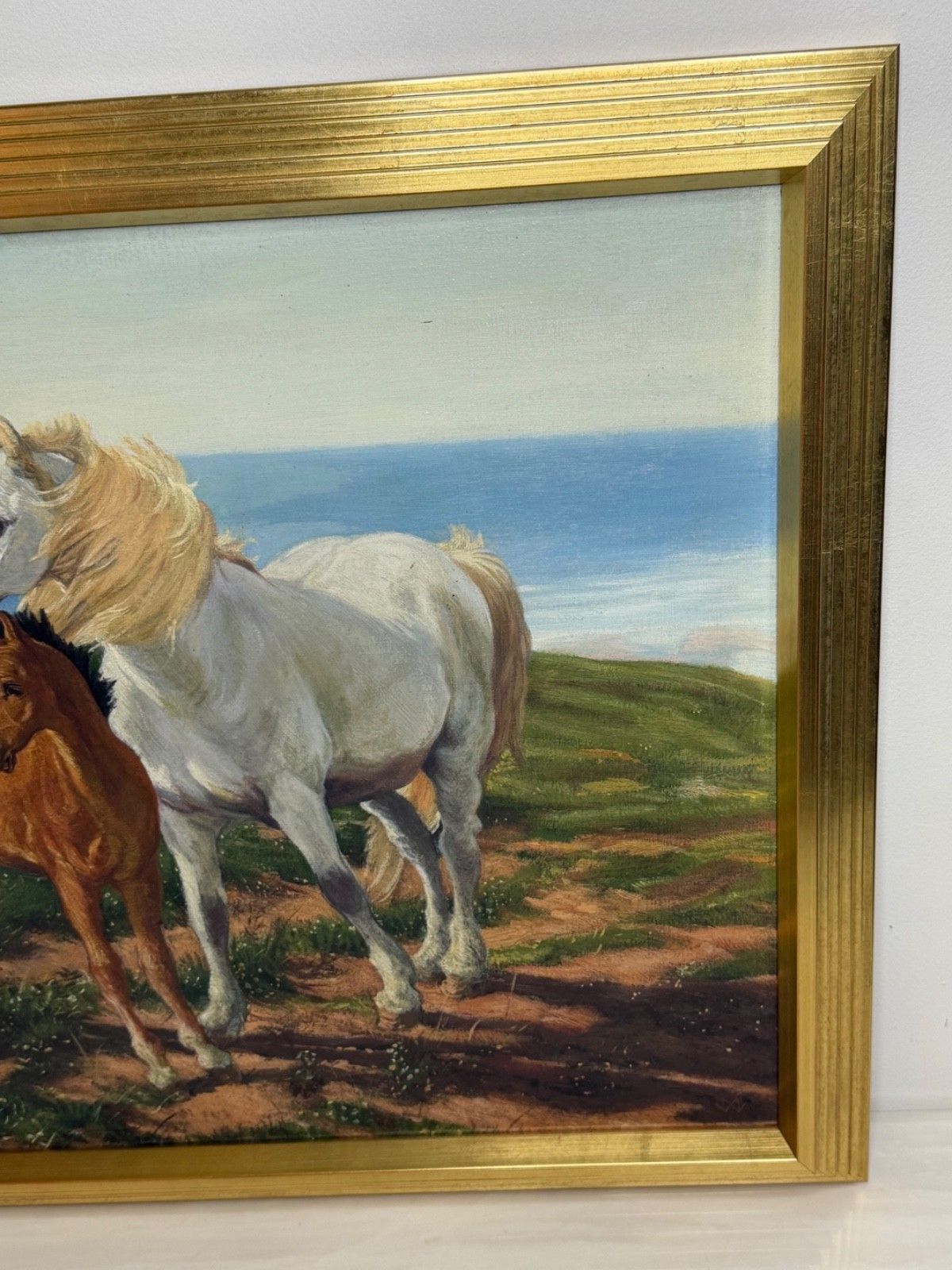 Equestrian olieverfschilderij grijze merrie naast voskleurig veulen "Mother And Son" photo vintage