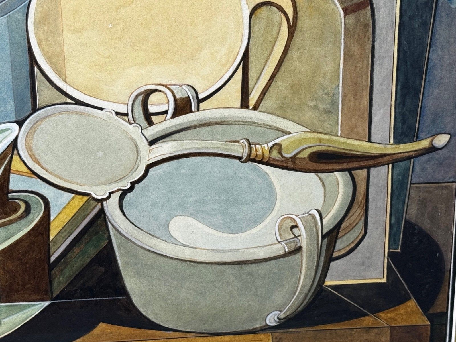 Cubistisch schilderij, huishoudelijke keukengeometrie, ca. 1925, gesigneerd door Edward Carter Preston photo 8500.0