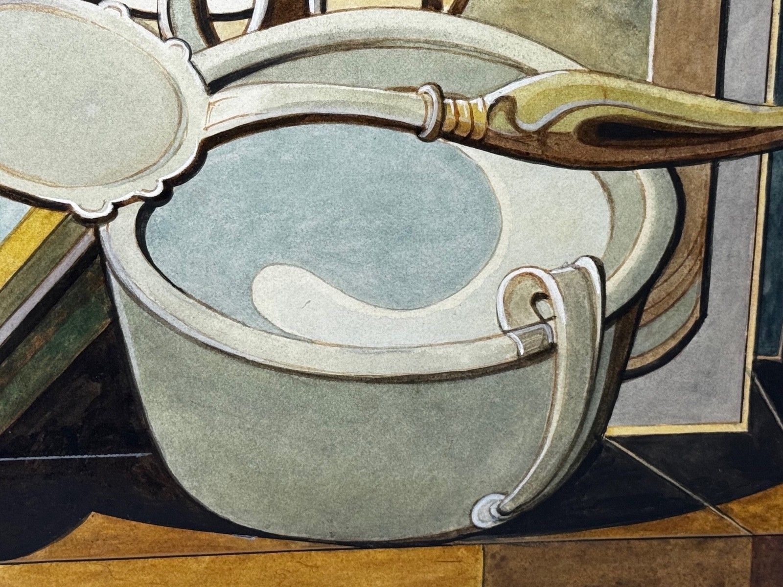 Cubistisch schilderij, huishoudelijke keukengeometrie, ca. 1925, gesigneerd door Edward Carter Preston photo vinterior