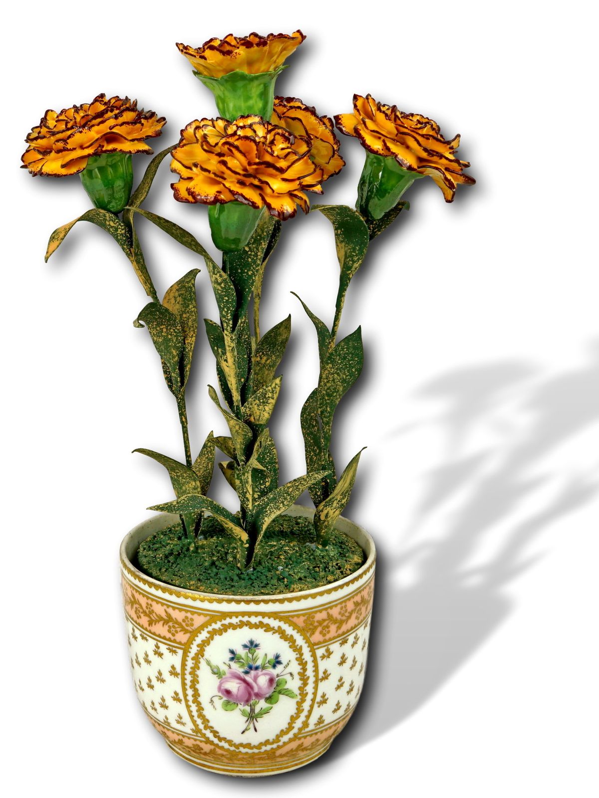 Bouquet Of French Marigolds By Didier Gardillou – Contempory – 18th Century Paris Porcelain Pot – à La Reine Manufactory