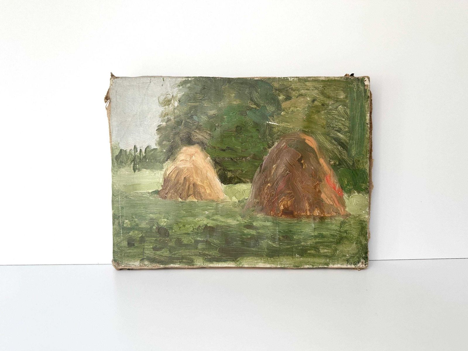 Antiek Frans olieschilderij op doek "The Haystacks" 1902, gesigneerd landschap van Gaëtan Dumas