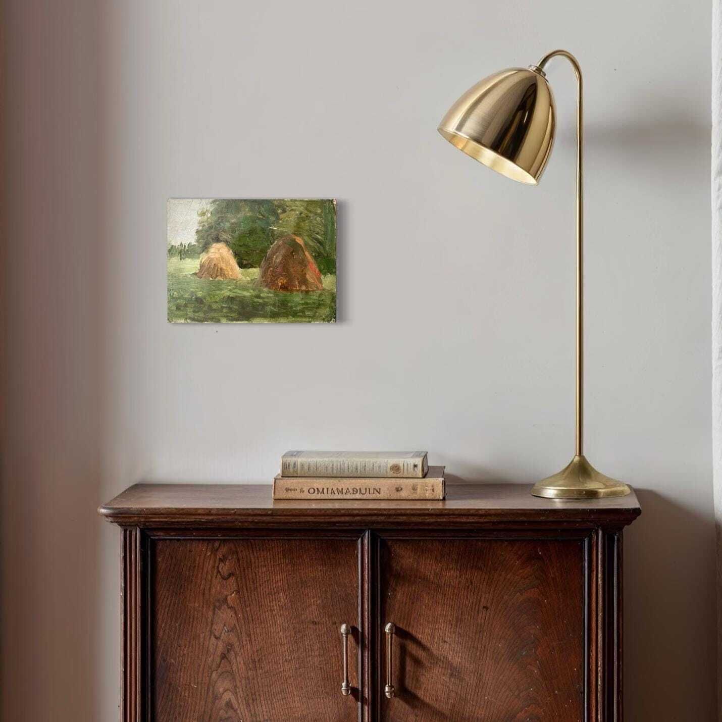 Antiek Frans olieschilderij op doek "The Haystacks" 1902, gesigneerd landschap van Gaëtan Dumas photo furniture