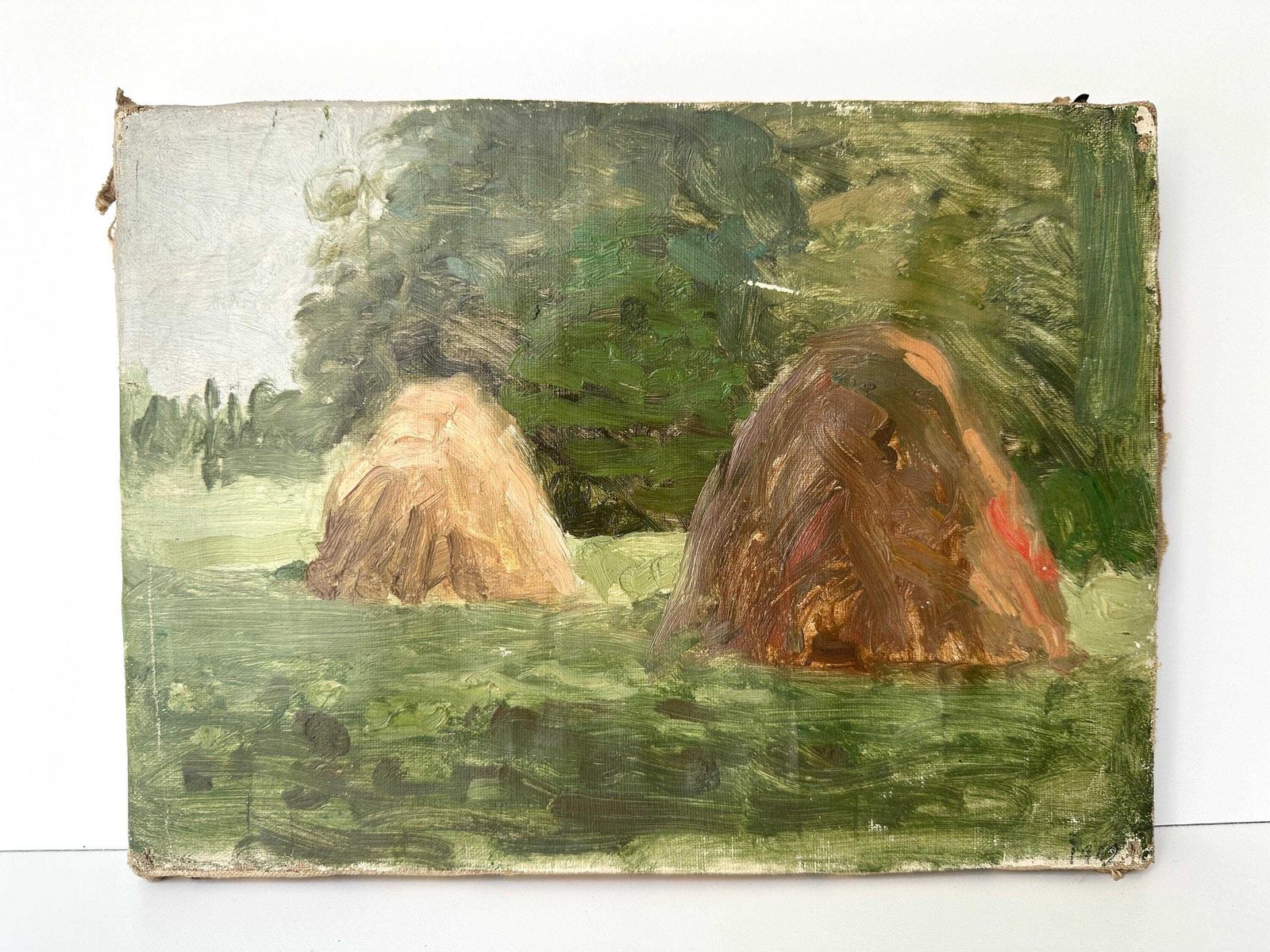 Antiek Frans olieschilderij op doek "The Haystacks" 1902, gesigneerd landschap van Gaëtan Dumas photo Kunst