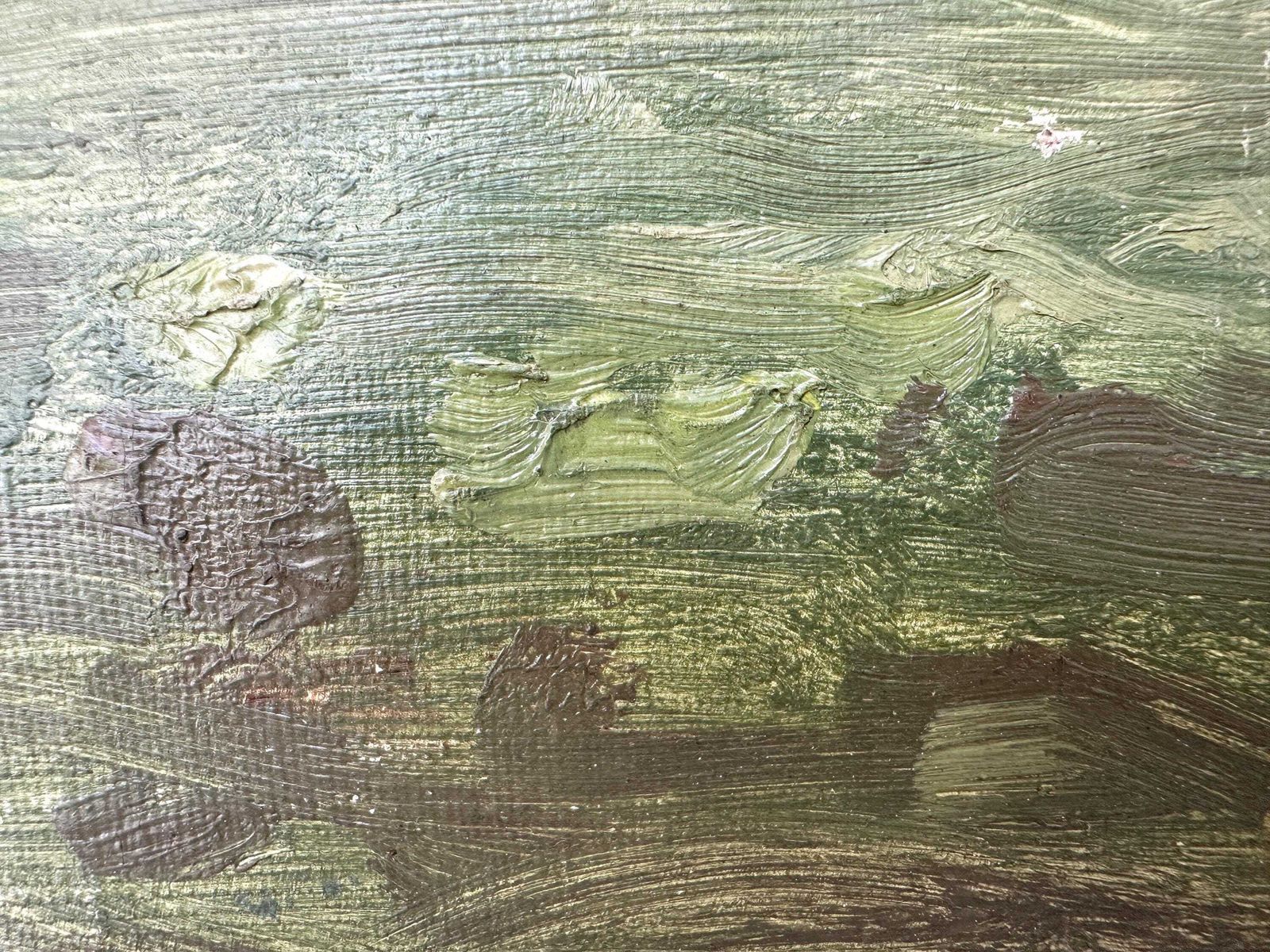 photo vintage Antiek Frans olieschilderij op doek "The Haystacks" 1902, gesigneerd landschap van Gaëtan Dumas