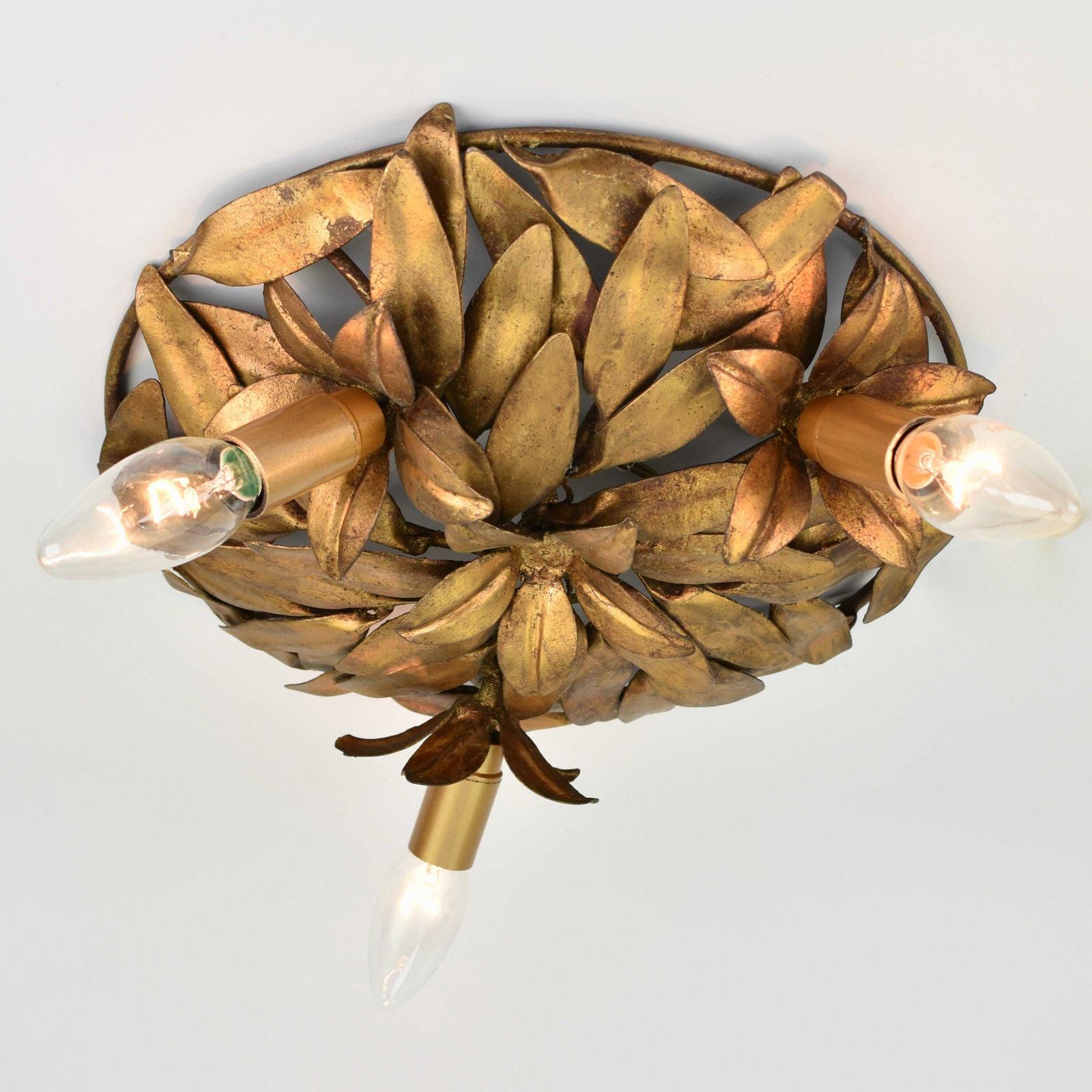 Mid Century Italian Flush Mount Flower Leafs | Vintage Toleware Ceiling Light Fixture Gold Gilded Florentine Lamp Hollywood Regency 1950s photo Lighting