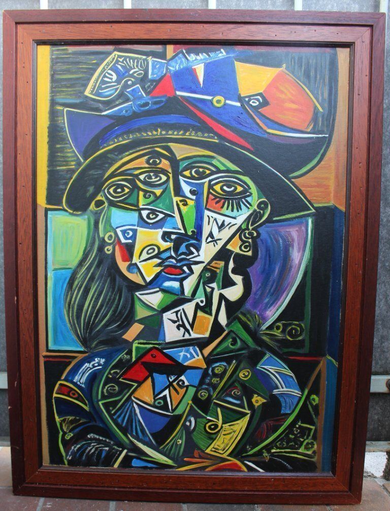 Contemporary Cubist Style Figurative Acrylic Modernistic Painting After Pablo Picasso, Circa 1980