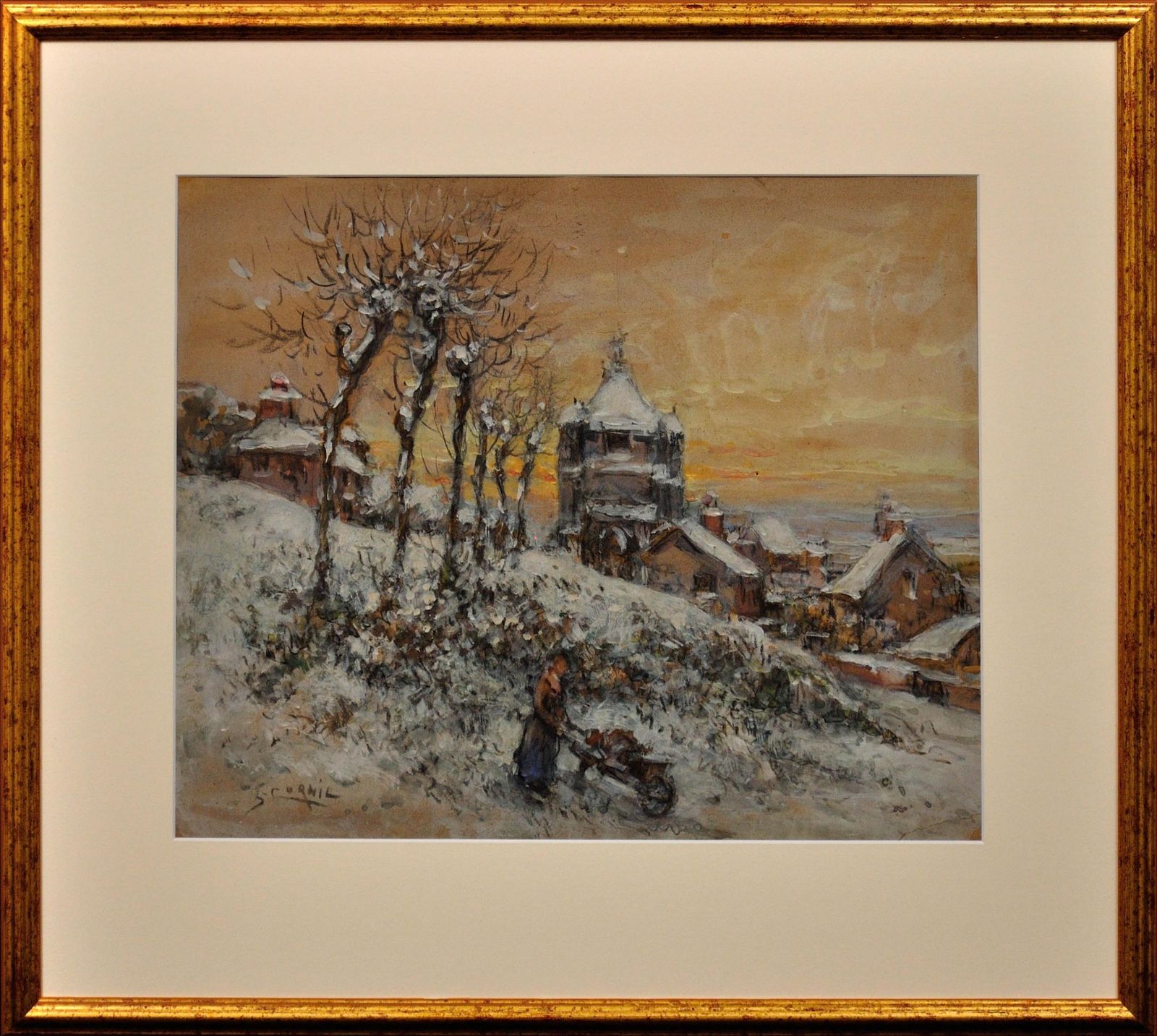 Gaston Cornil 1883 tot 1940. Frans. Gathering Winter Fuel. Récupérant Du Carburant Pour L'hiver. Tijd van de Grote Oorlog. Ingelijst aquarel en gouache.