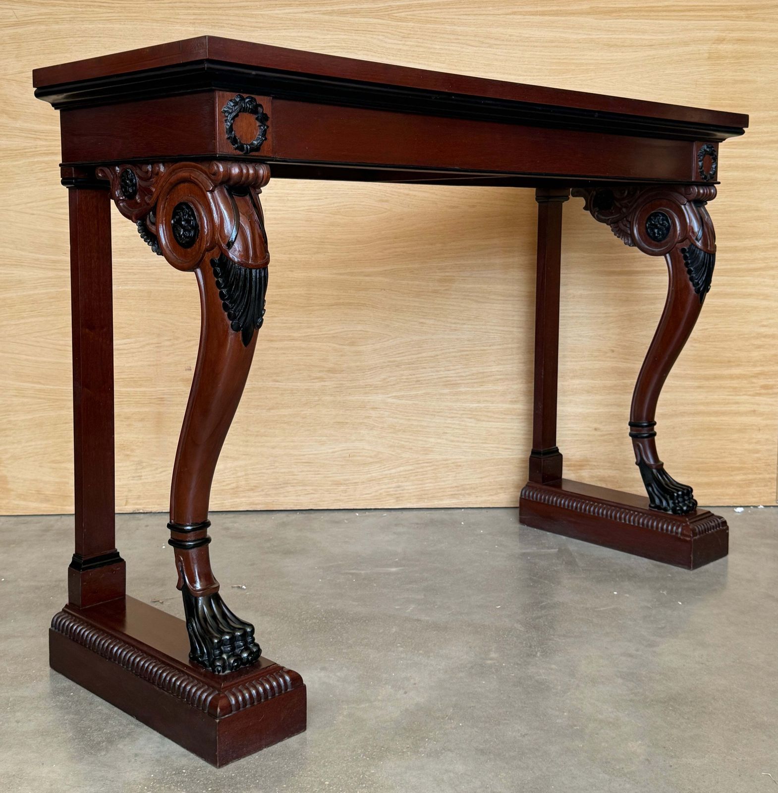 Antique Neoclassical Mahogany Console Table With Carved Paw Feet And Ebonized De photo vinterior