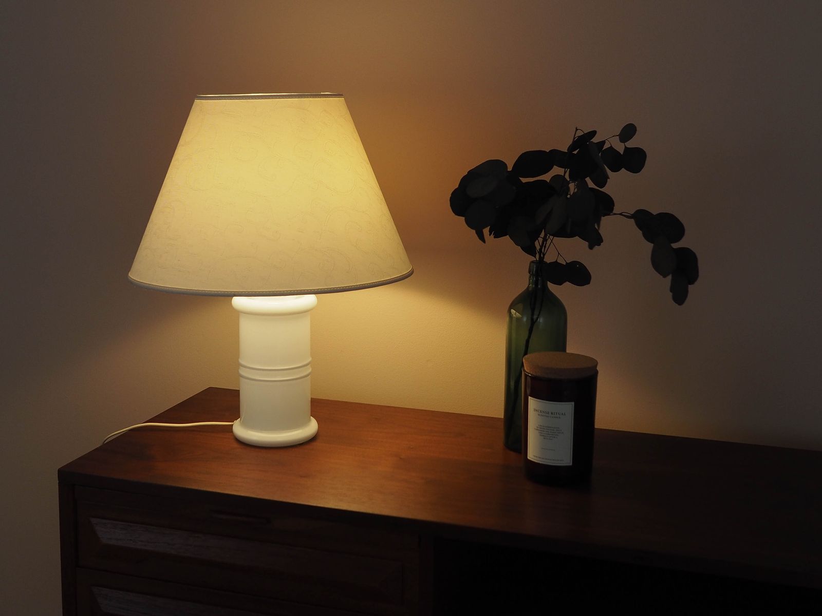 Holmegaard Glazen Tafellamp Met Stoffen Kap, Deens Design, jaren 1970 photo vintage