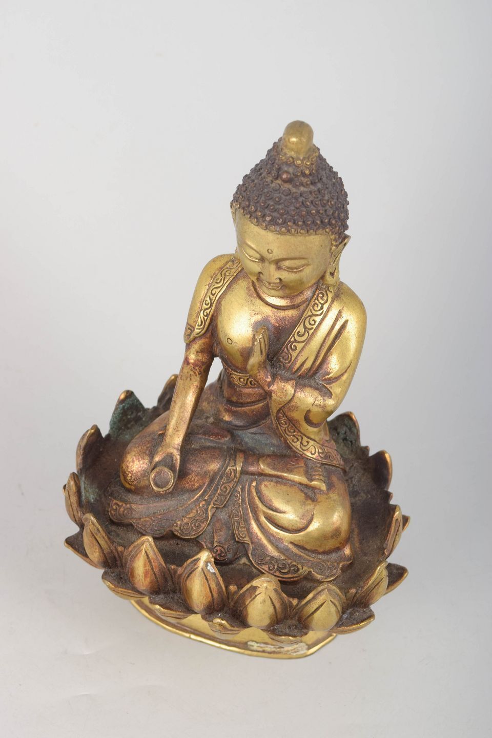 Seated Buddha Figure In Gilt Bronze With One Hand Raised. Asia, 19th C photo furniture