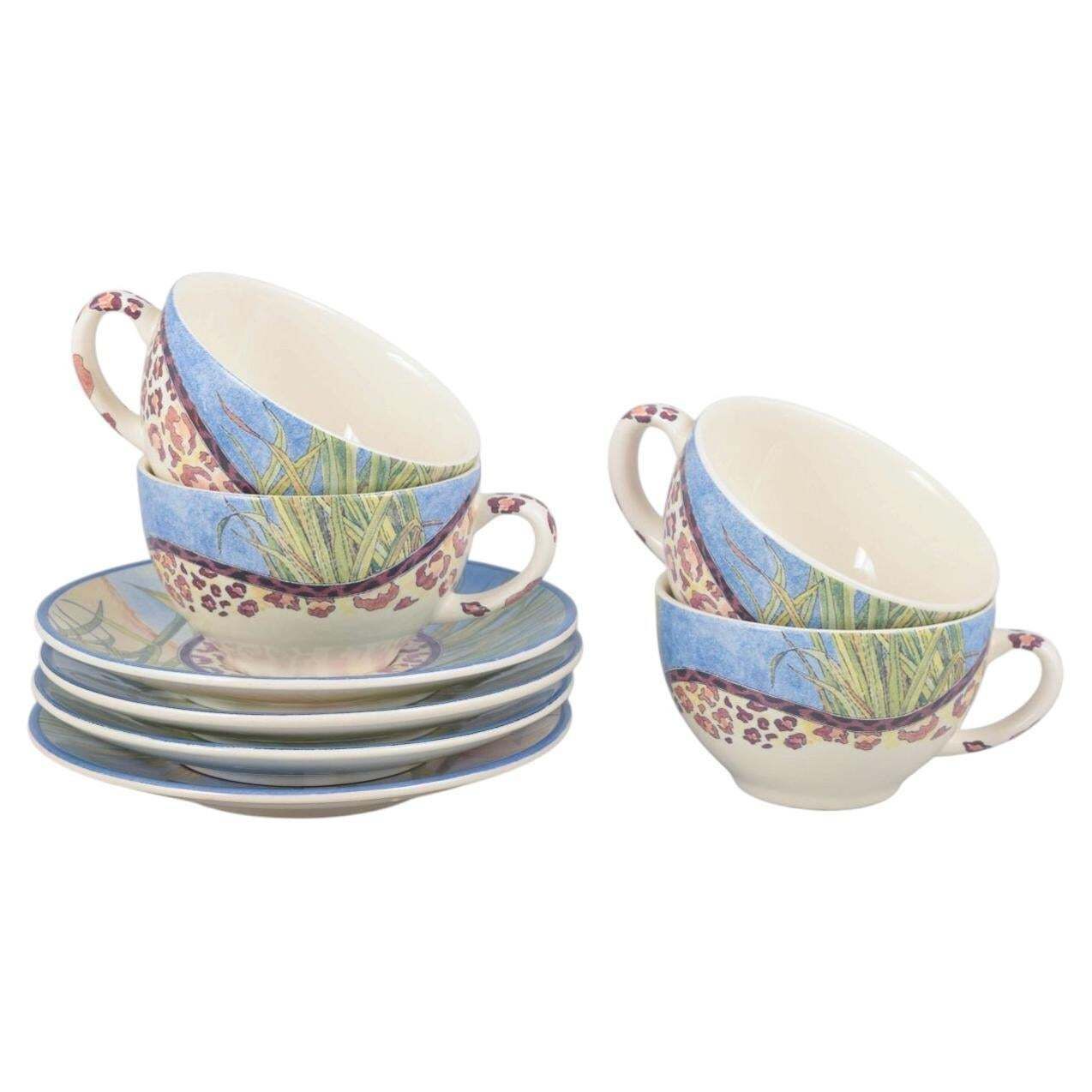 Gien, "Savane". Set van vier faience koffiekopjes met bijpassende schoteltjes.