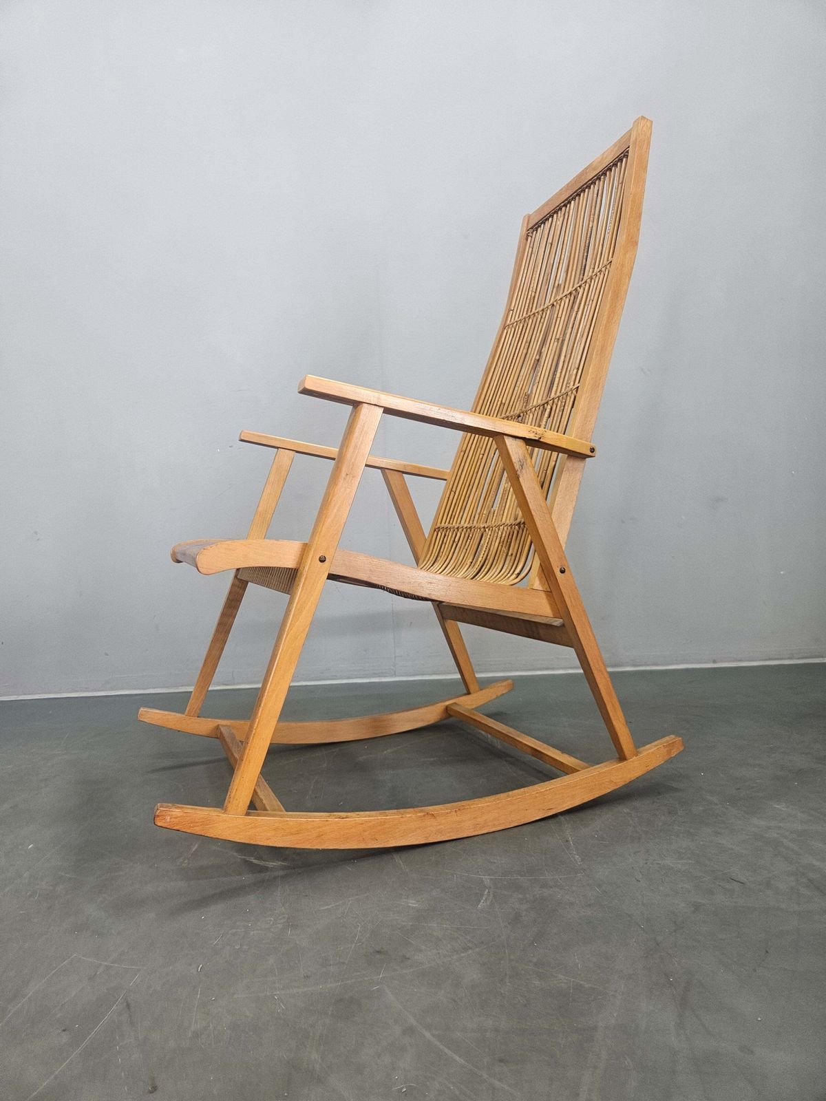 Rare Midcentury Wood And Rattan Rocking Chair, Denmark, 1960s photo furniture