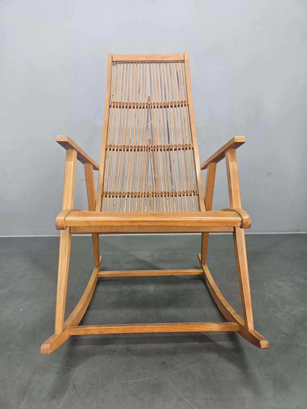 Rare Midcentury Wood And Rattan Rocking Chair, Denmark, 1960s photo for sale