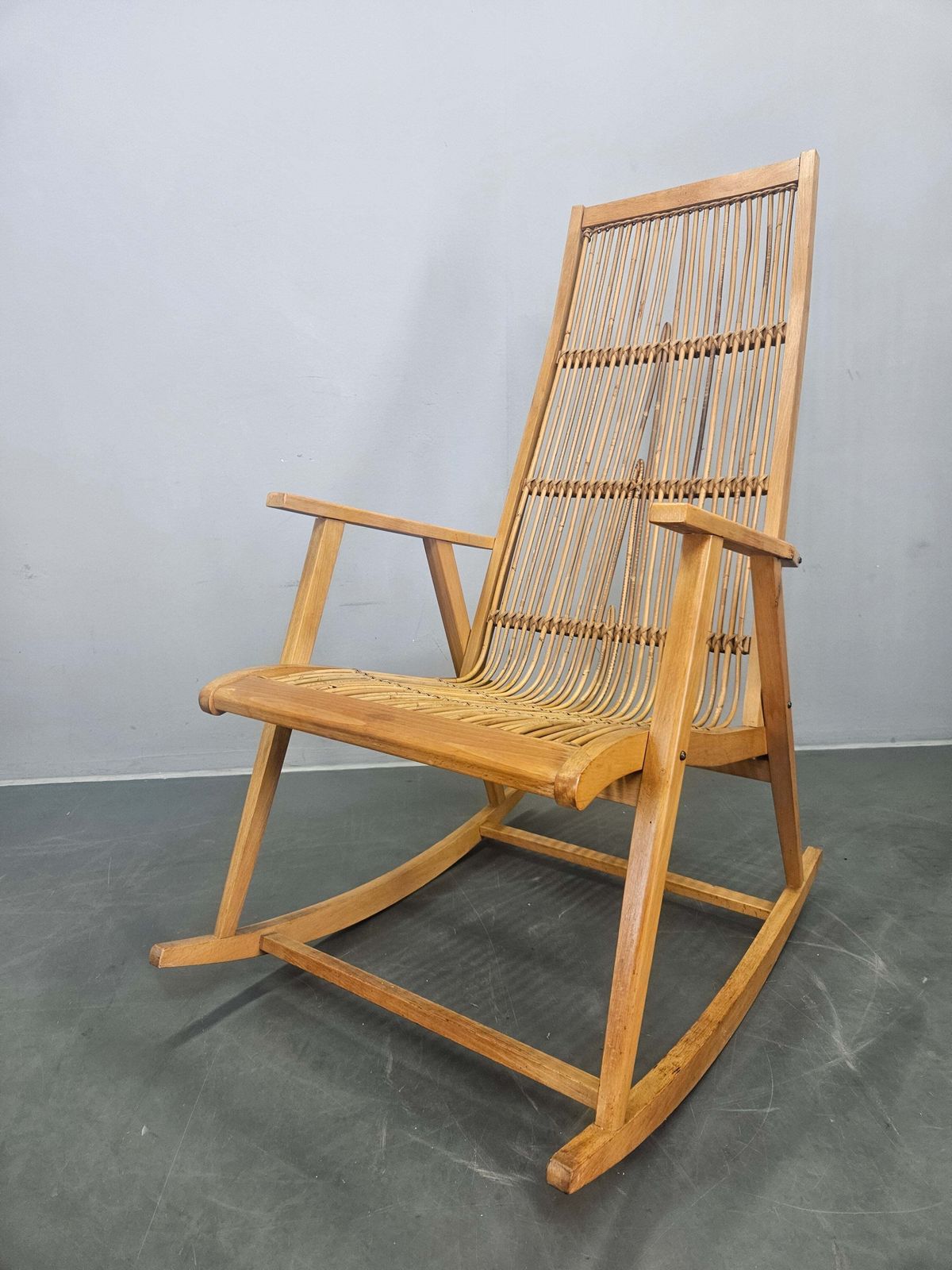 Rare Midcentury Wood And Rattan Rocking Chair, Denmark, 1960s photo buy
