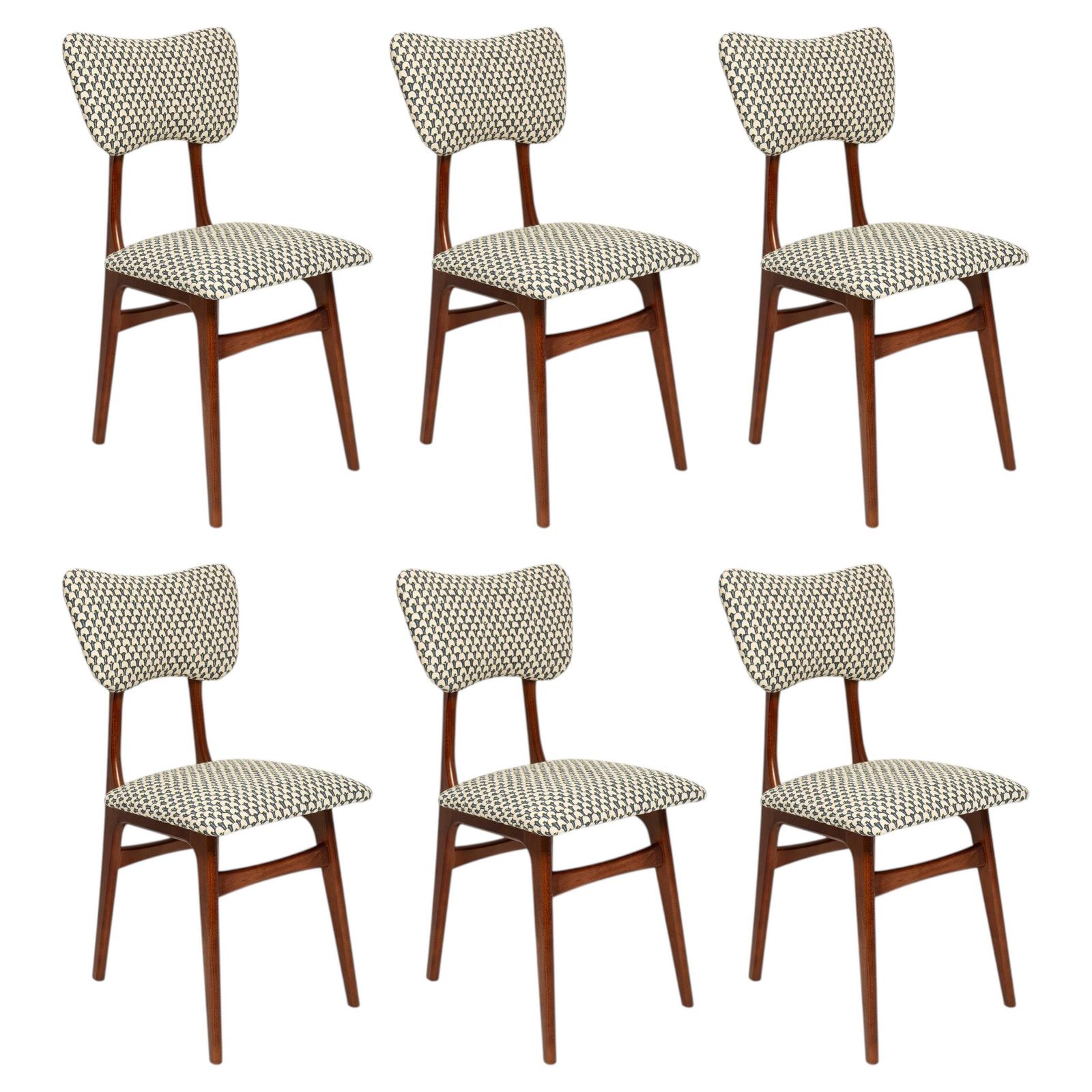 Six Mid Century Butterfly Chairs, White And Blue Jacquard, Walnut Wood, 1960s