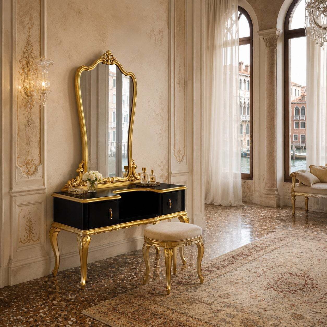 photo for sale 1930s Venetian Cream Lacquered And Gilded Dressing Table By Fratelli Testolini