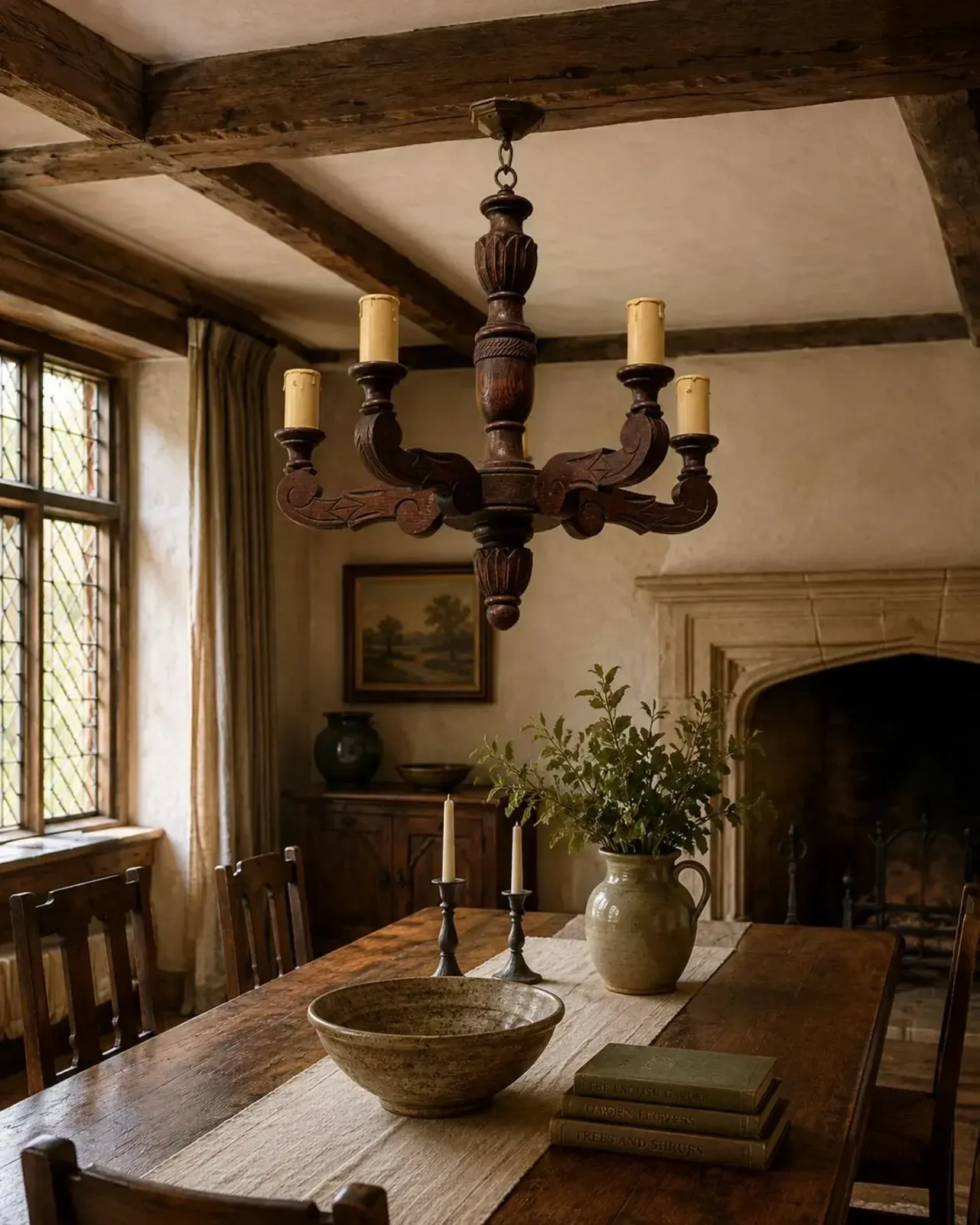 Mid Century Vintage Electric Oak Chandelier Five Arm Branch W/ Candle Style Fittings Ornate Wooden Lighting