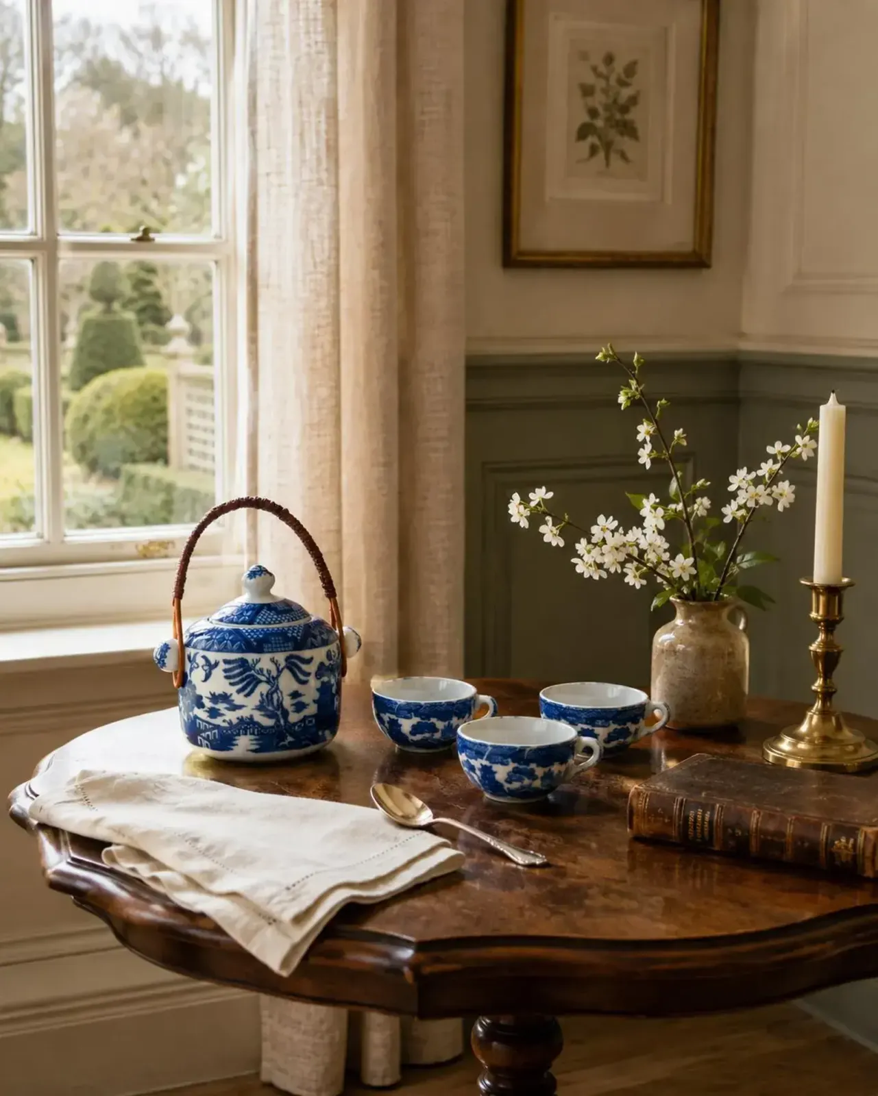 Antique Japanese Porcelain Lidded Sugar Pot W/ Cane Handle & 3 Tea Cups Blue Willow Design Attributed To Nippon, Japan Blue On White Décor