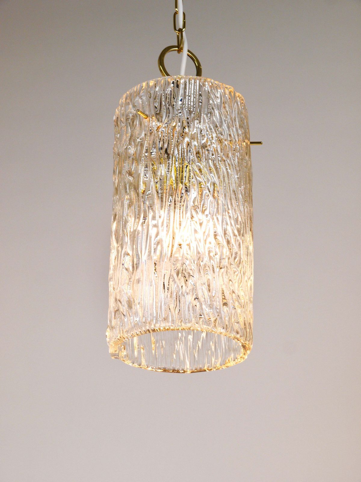 J.T. Kalmar Vienna Midcentury Textured Glass Tube Brass Pendant Lamp, Austria photo Lighting