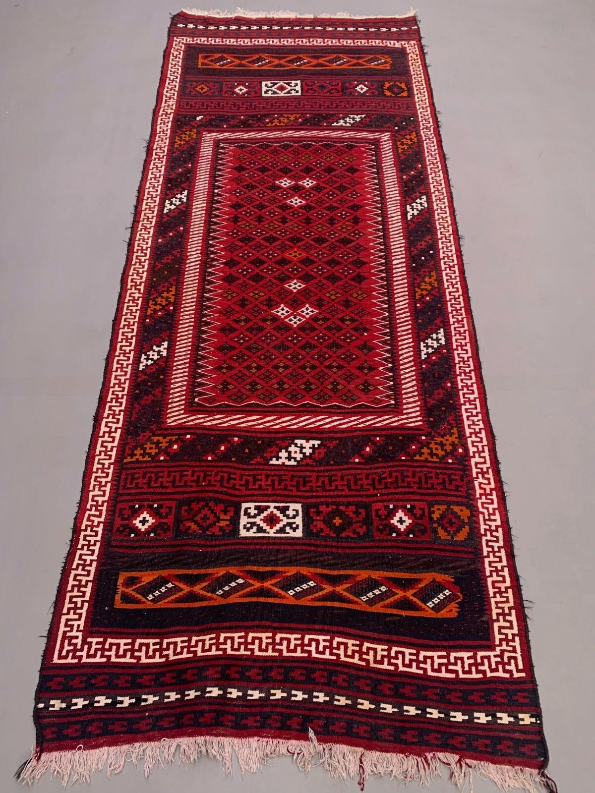 Vintage Kilim 387x150 cm Wollen Kelim Tapijt Grote Brede Loper Rood, Zwart