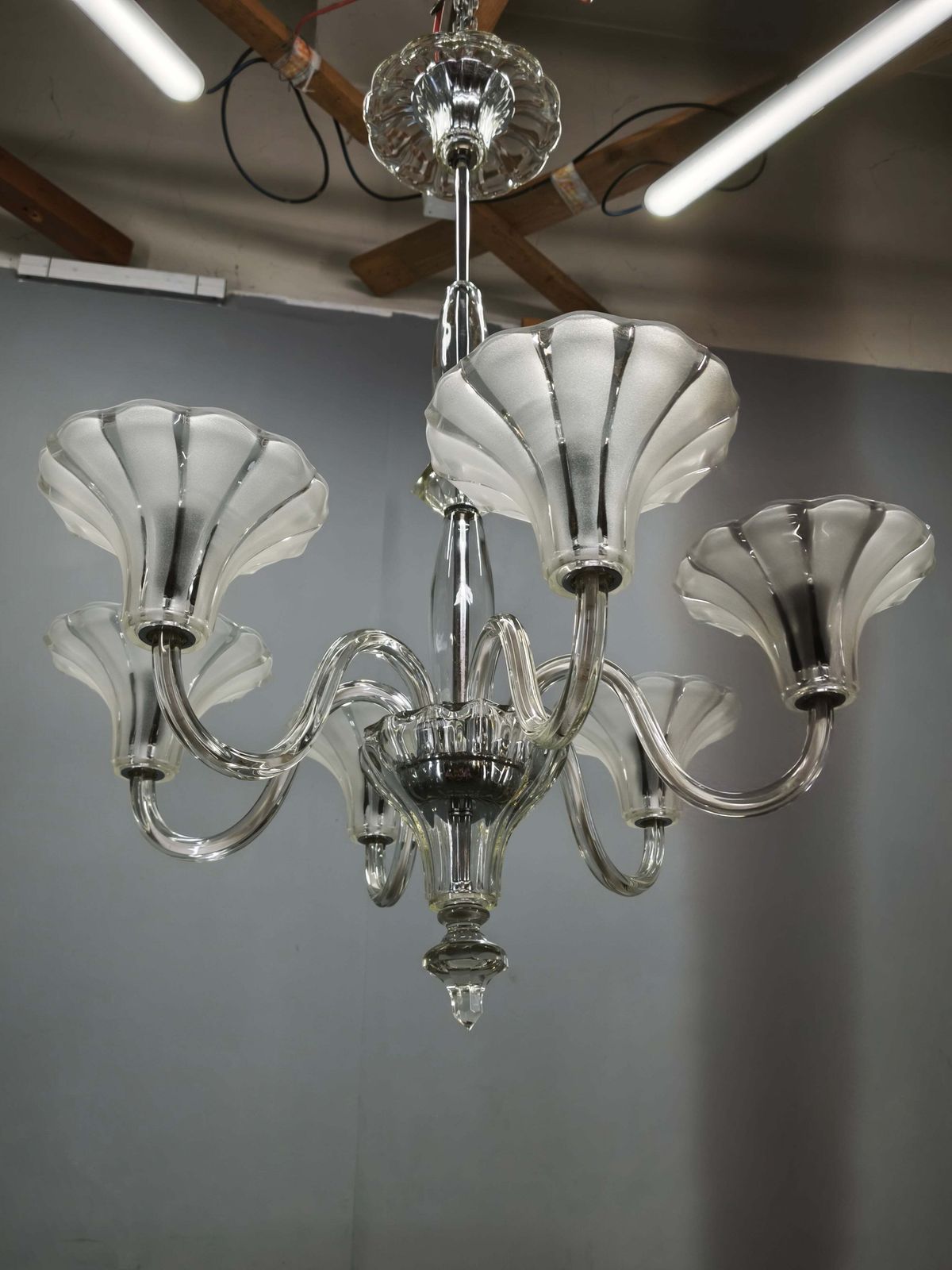 Lustre Art Déco à six bras en verre, Tchécoslovaquie, années 1930 photo vintage