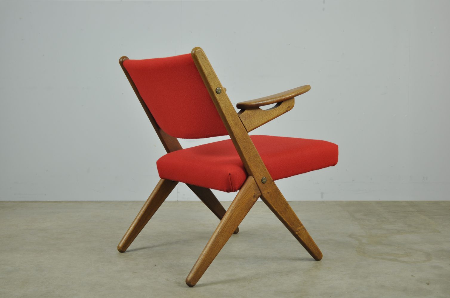 Classic Danish Vintage Scissor Armchair By Arne Hovmand Olsen In Oak, 1960s photo for sale