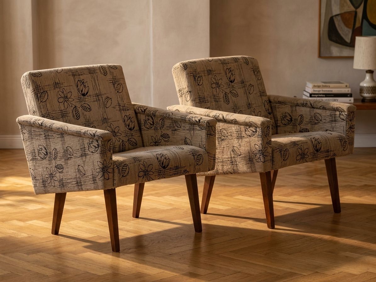Paar mid-century fauteuils met bloemenprint, Tsjecho-Slowakije