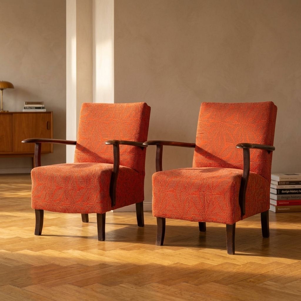 Paar Vintage Mid-Century Fauteuils Met Houten Armleuningen, Tsjecho-Slowakije, 74 × 61 × 88 cm photo vinterior
