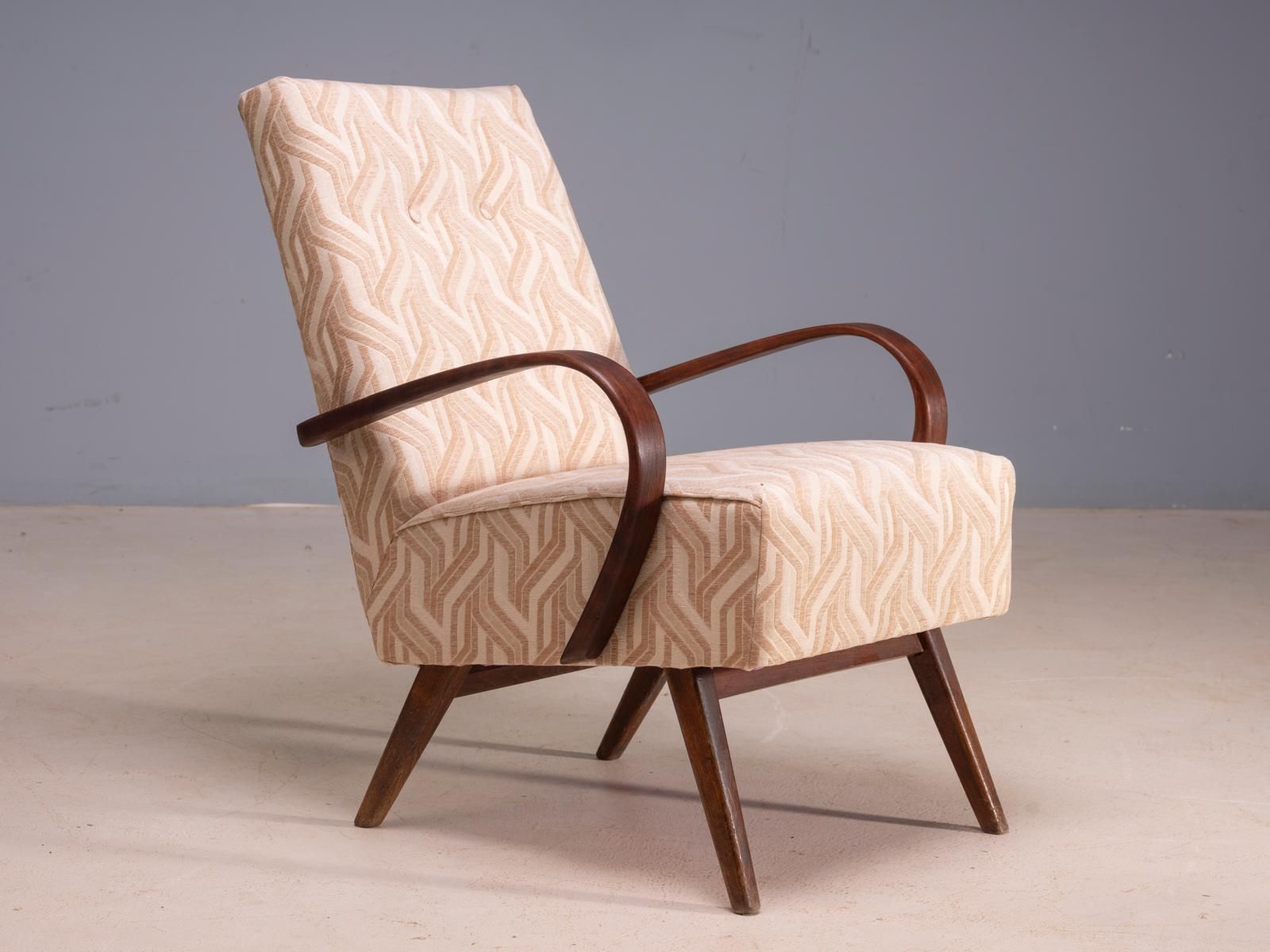 Restored Bentwood Armchairs By Jaroslav šmídek, Pair, Czechoslovakia, New Beige Patterned Upholstery, 61 × 82 × 81 Cm photo furniture