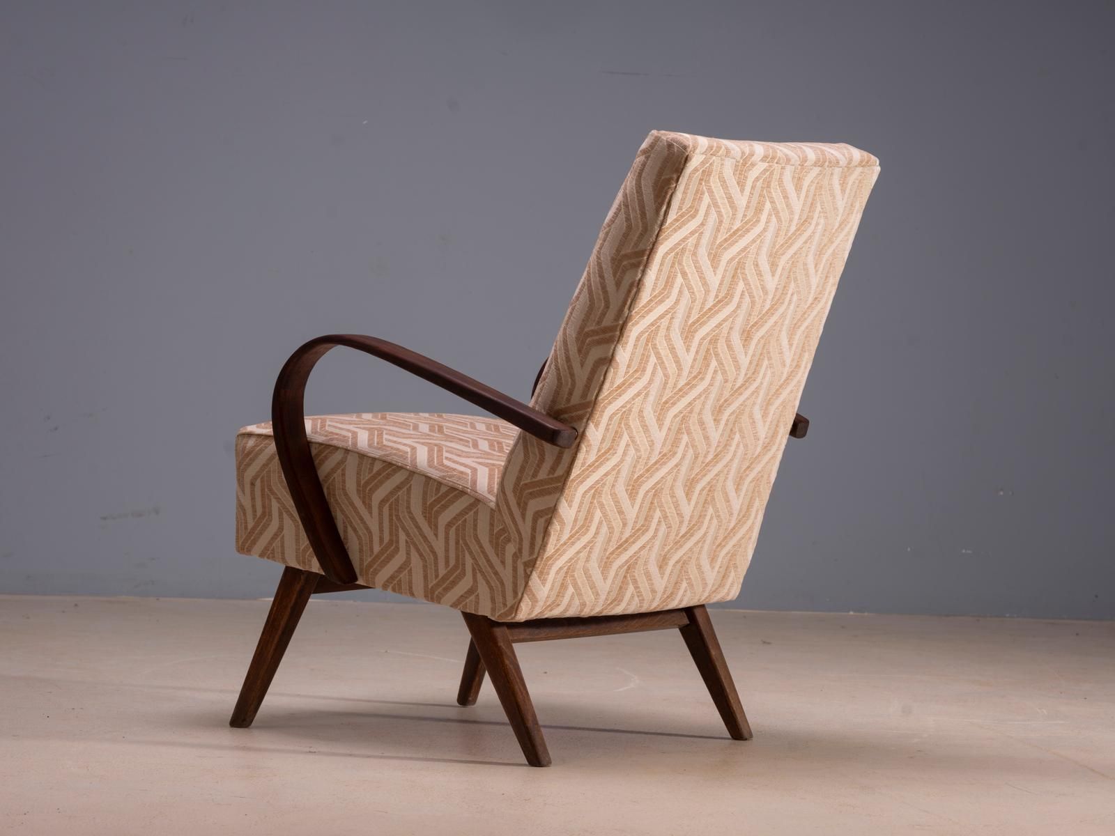 Restored Bentwood Armchairs By Jaroslav šmídek, Pair, Czechoslovakia, New Beige Patterned Upholstery, 61 × 82 × 81 Cm photo for sale